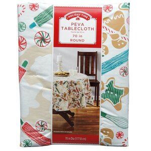 70" Round Vinyl Tablecloth Gingerbread Man & Candies Christmas Peva Holiday Time